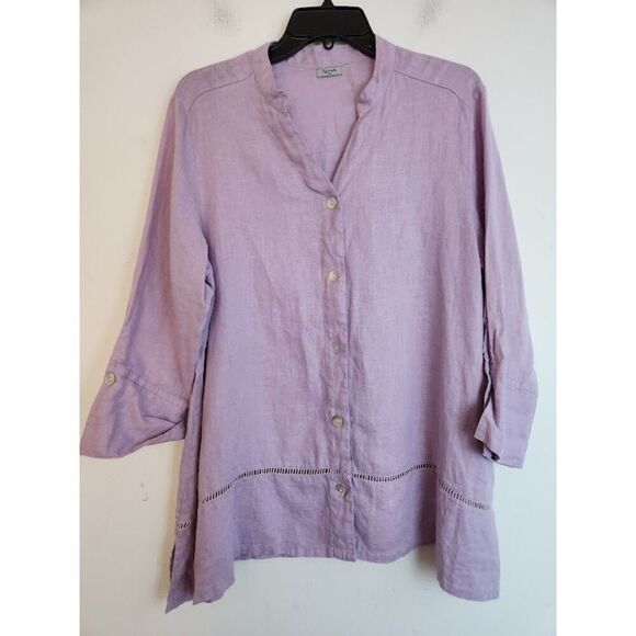 Sympli Women Lavender Purple Collarless 100% Linen Button Down Shirt size Large - Picture 1 of 9